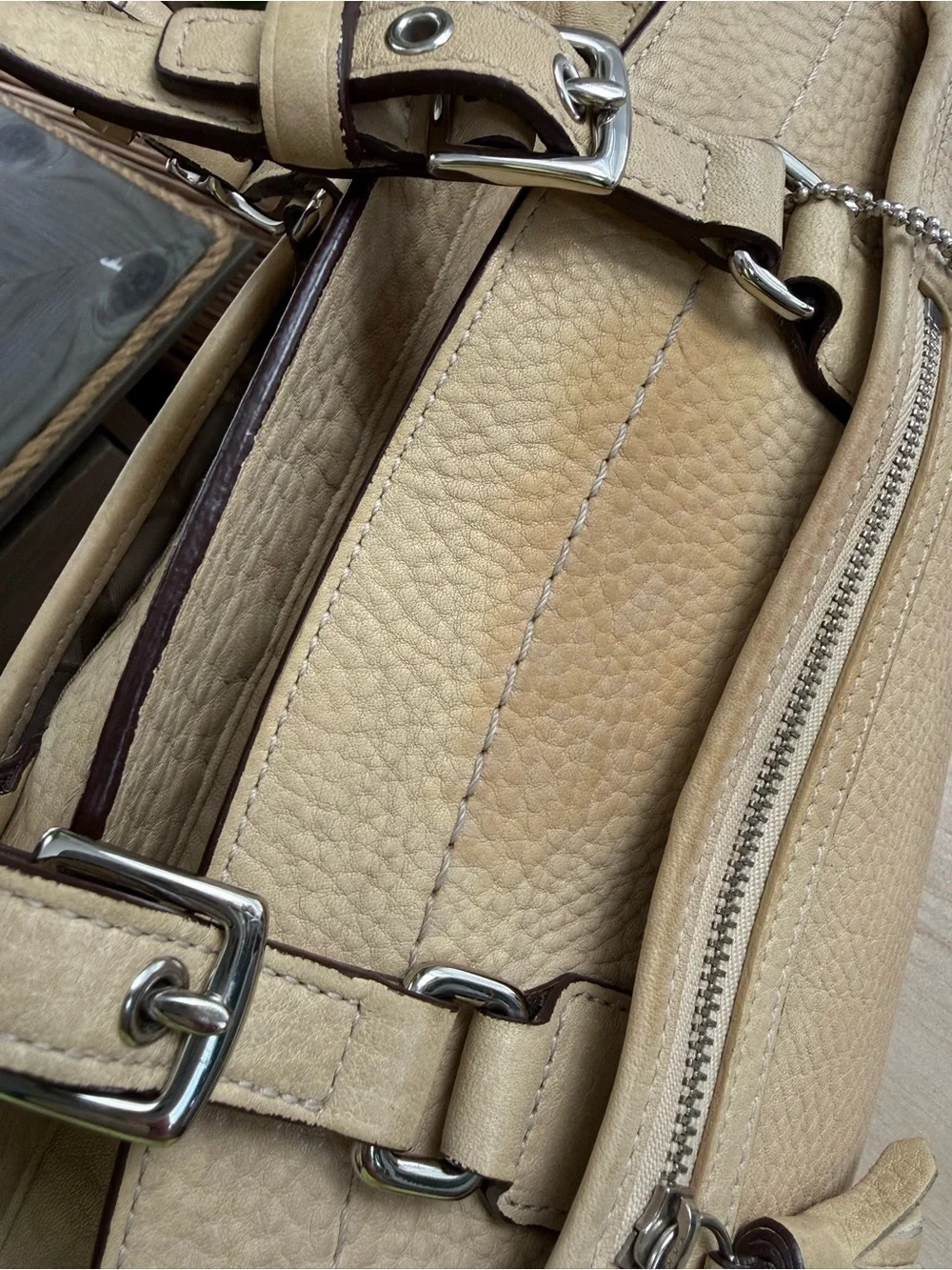 Coach Pebbled Leather Satchel in Beige with Dark Trim